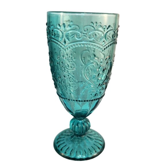 The Pioneer Woman Amelia 2-Piece 14.7 Oz Glass Goblet Set Embossed Design Teal D - Picture 2 of 11
